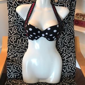 Just listed❤️Black polka dot bikini top w/ red trim on band to tie around neck